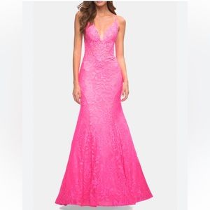 La Femme Hot Pink Mermaid V Neck Prom Formal Gown Dress